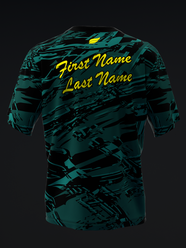 Teal and black striped bowling jersey back view with yellow name text
