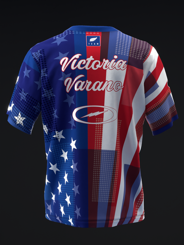 Patriotic bowling jersey with red, white, and blue flag design and stars