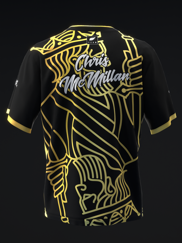 Black bowling jersey with gold lion graphic and Chris McMillan text, back view