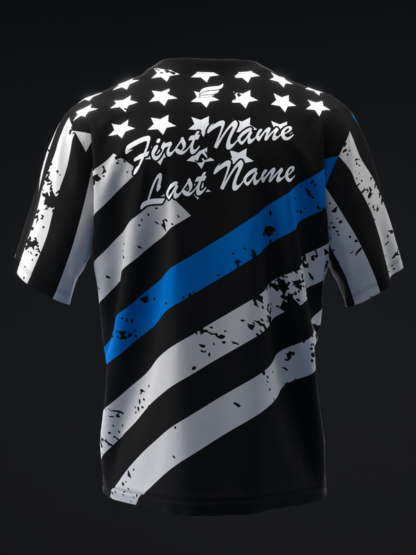Black bowling jersey with white stars, diagonal blue and gray stripes, personalization area on back