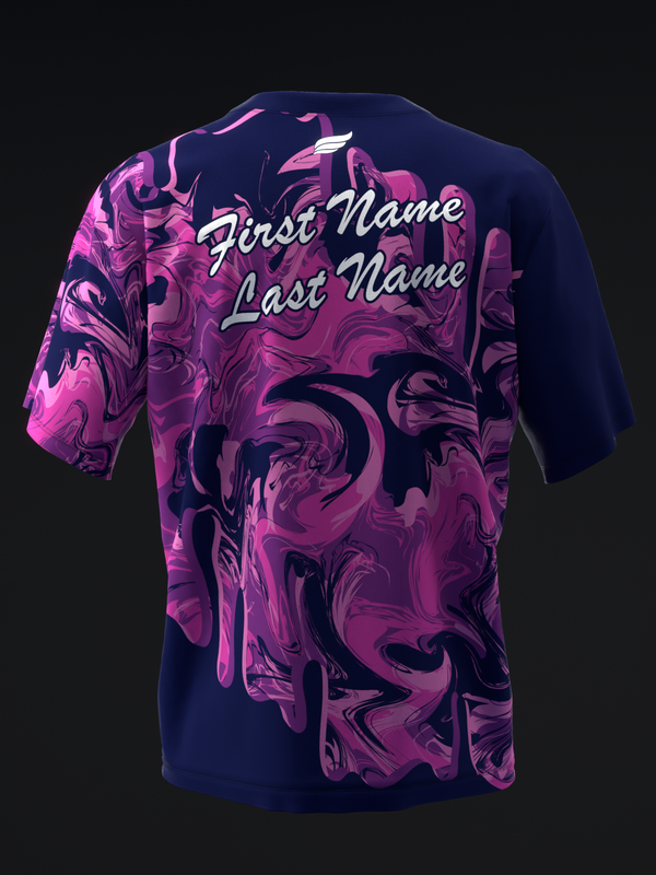 Navy bowling jersey with pink and purple liquid marble design and personalization text on back