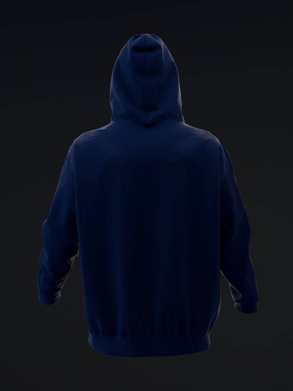 Navy pullover hoodie displayed from back view against dark background