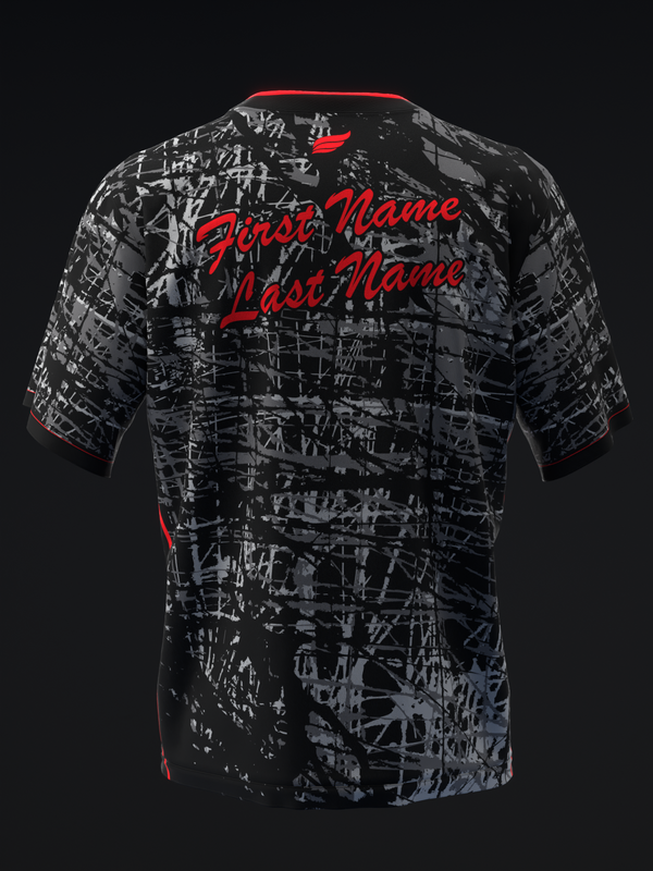 Black bowling jersey with white scratched pattern and red accents, back view