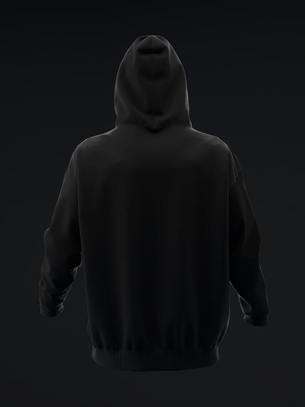 Black pullover hoodie shown from back view against dark background