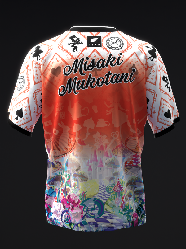 Bowling jersey with red gradient upper, whimsical lower graphic, and playing card design elements