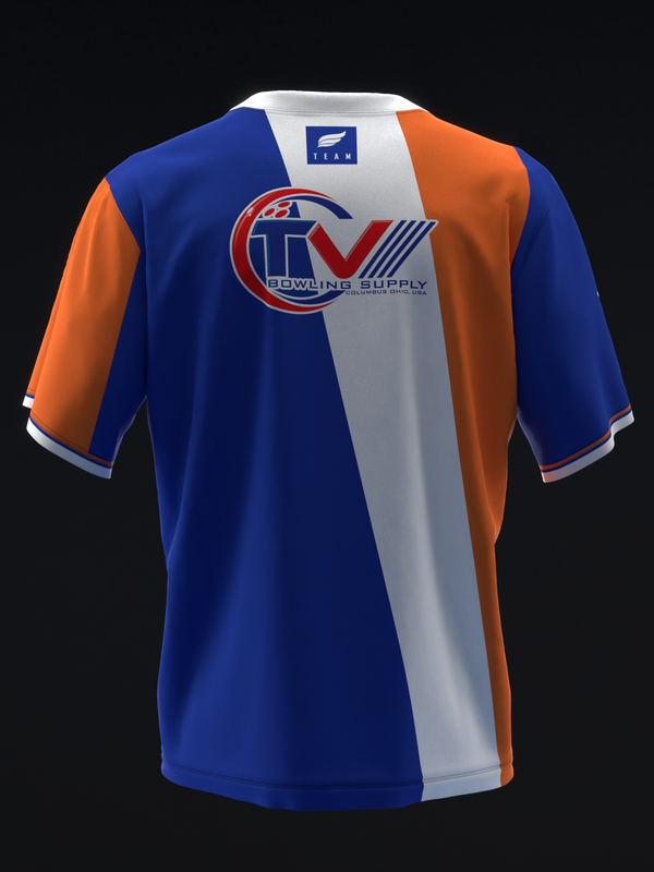 Bowling jersey with royal blue, orange, and white vertical stripes and logo