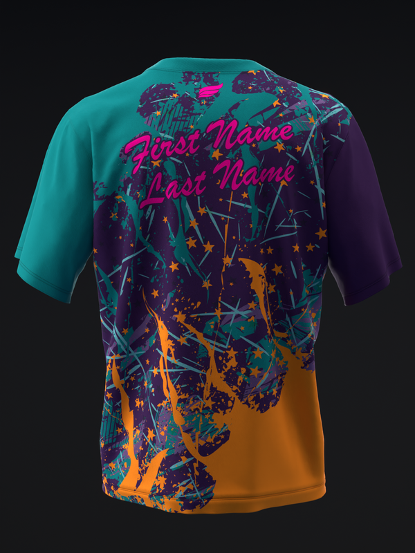 Bowling jersey with turquoise, purple, orange and gold abstract geometric design