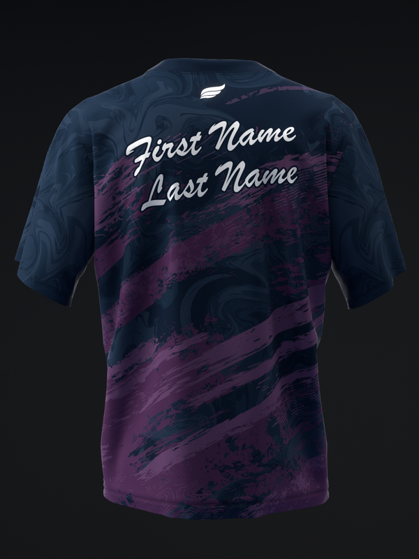 Back view of bowling jersey with navy and purple abstract brushstroke pattern and personalized name text