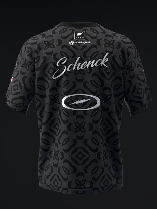 Black bowling jersey with embossed geometric pattern and Schenck branding, front view