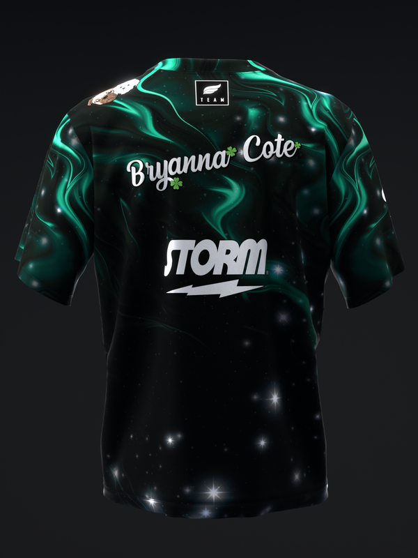 Black bowling jersey with teal swirling pattern and white sponsor text