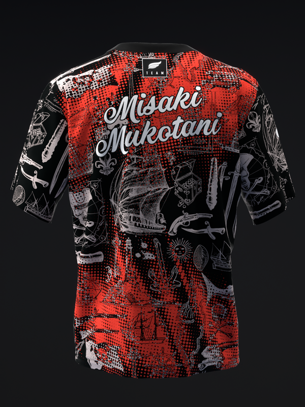 Red and black bowling jersey with halftone pattern and pirate-themed graphics front view