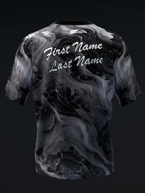 Black and gray marbled bowling jersey with white script name text on back