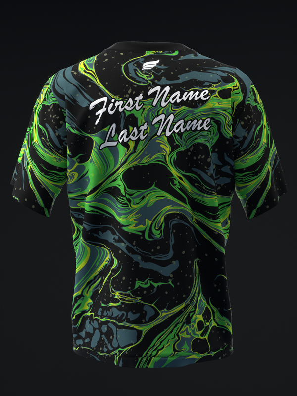 Black bowling jersey with neon green and teal liquid swirl pattern, back view