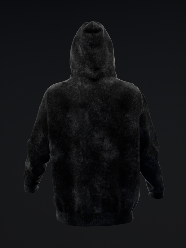 Black pullover hoodie with distressed drip texture, back view