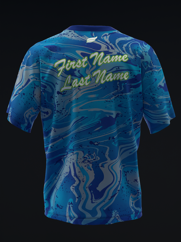Blue bowling jersey with swirled pattern and yellow personalization text on back
