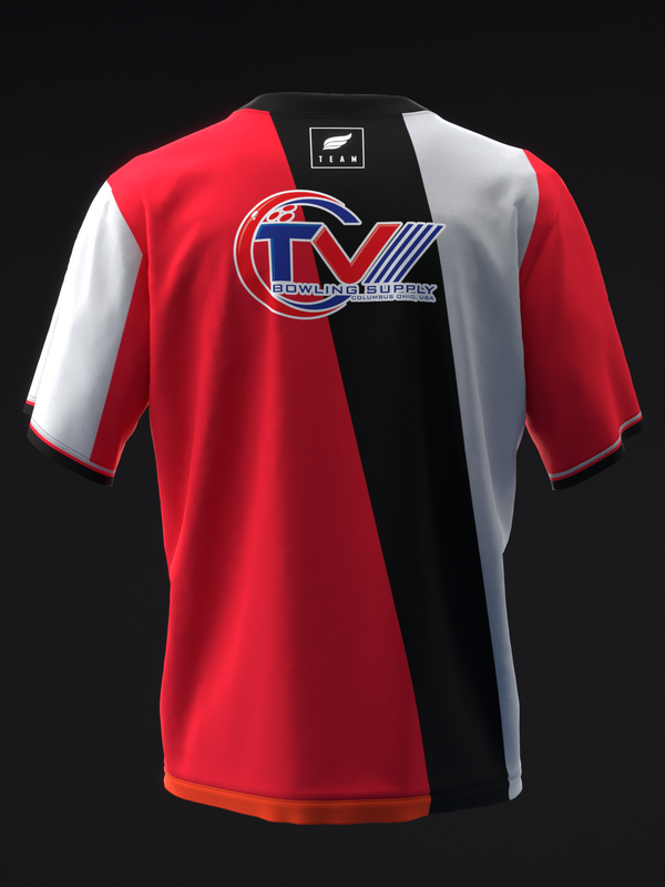 Red, black, and white bowling jersey with TV Bowling Supply logo graphic front view