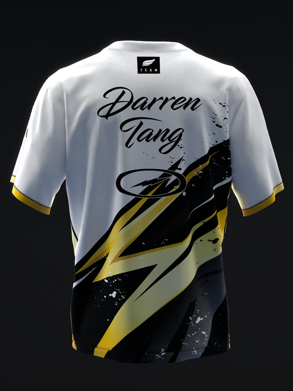 White bowling jersey with black and gold lightning graphic and Darren Tang signature