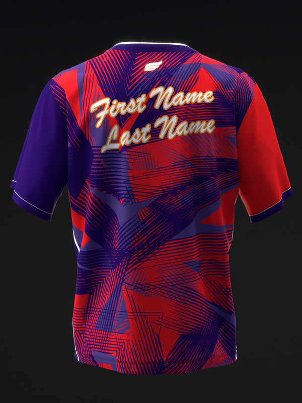 Bowling jersey back view with red and blue geometric line pattern and custom name text