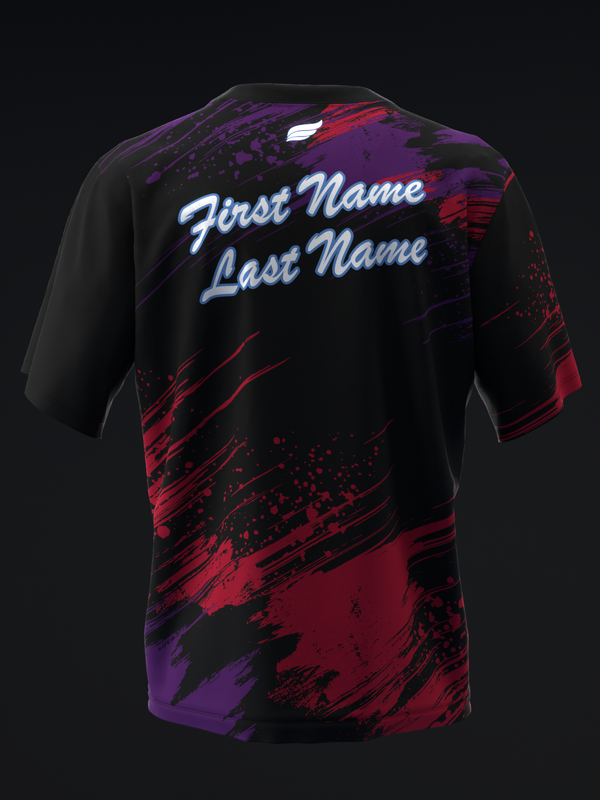 Black bowling jersey with red and purple abstract splatter design and blue name text