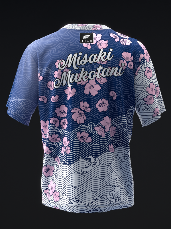 Navy bowling jersey with pink floral and wave pattern design, back view
