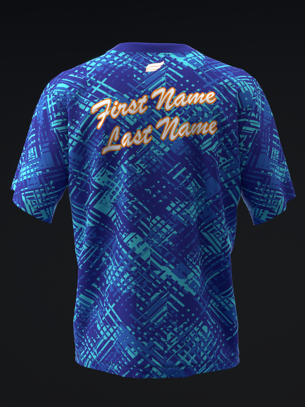 Blue bowling jersey with cyan geometric pattern and gold personalization text