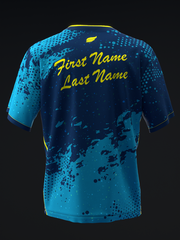 Navy and cyan bowling jersey with splatter pattern and yellow name text, back view
