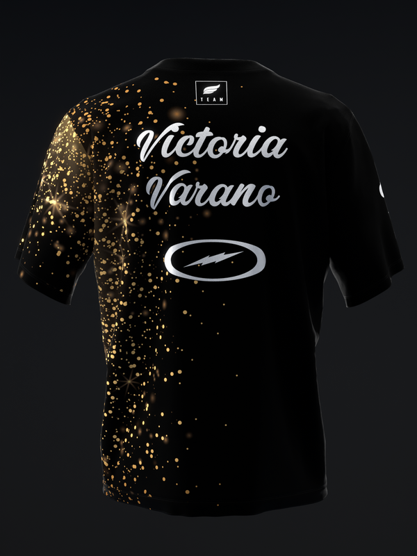 Black bowling jersey with Victoria Varano name and gold glitter spray design