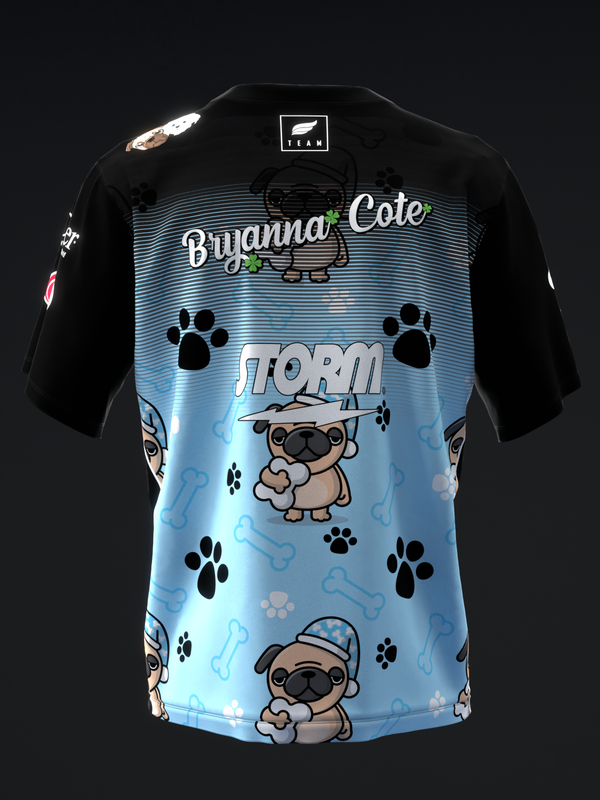 Black and light blue bowling jersey with cartoon pugs and paw print pattern