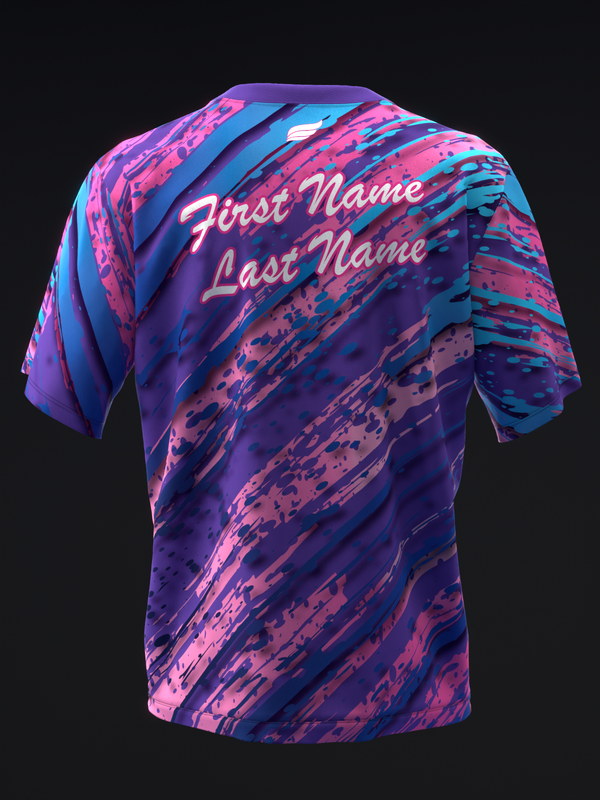 Back view of purple and pink bowling jersey with diagonal striped pattern and personalization text