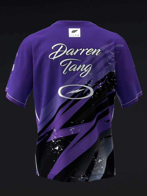 Purple and black bowling jersey with Darren Tang name and lightning graphic design