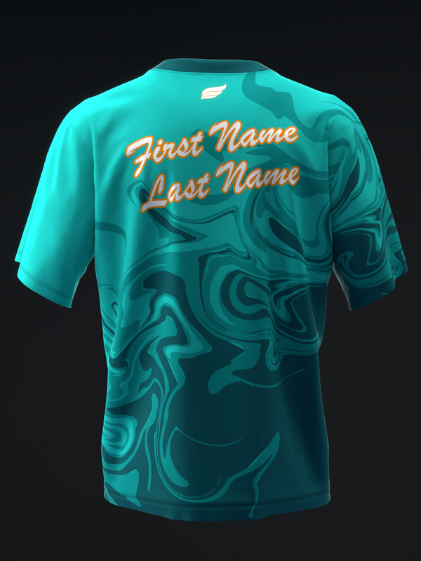 Turquoise bowling jersey with swirled abstract pattern and orange personalized name text, back view