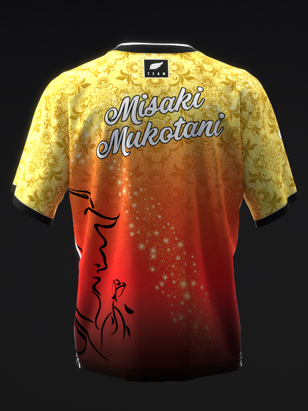 Bowling jersey back view with yellow damask pattern fading to red, black line graphic, and text.