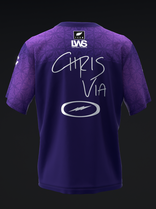 Purple bowling jersey back view with Chris Via name and logo graphic