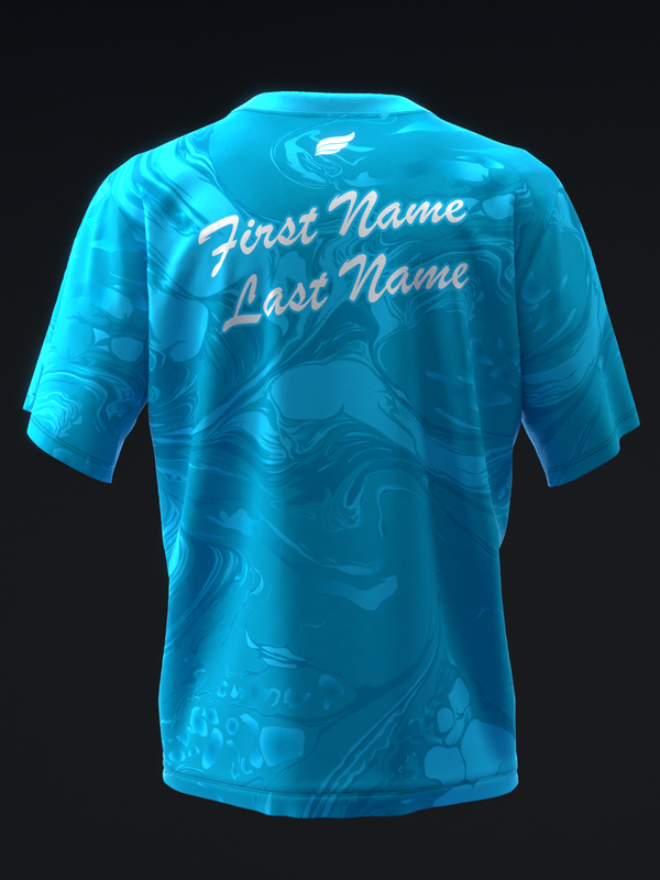 Bright blue bowling jersey with abstract liquid pattern and personalized name text on back