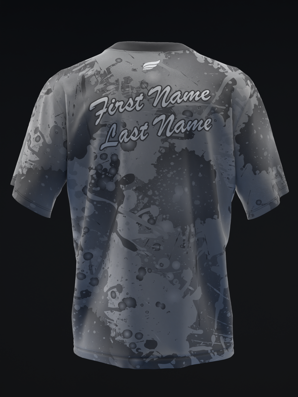 Gray bowling jersey with splatter pattern and personalized name text, back view