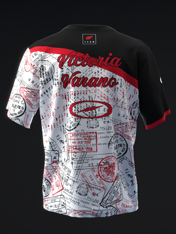 Black and white bowling jersey with red script text and stamp graphic design, back view