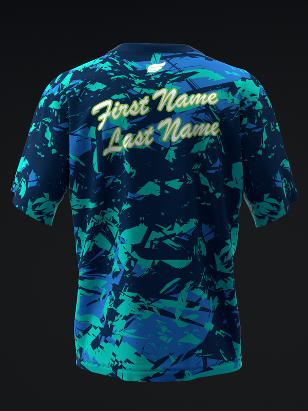 Navy bowling jersey with cyan abstract splatter pattern and gold name text