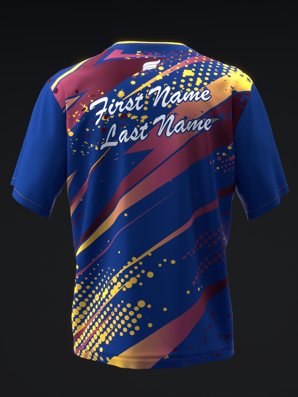 Blue bowling jersey with maroon and gold diagonal stripes and dot pattern, personalization text visible