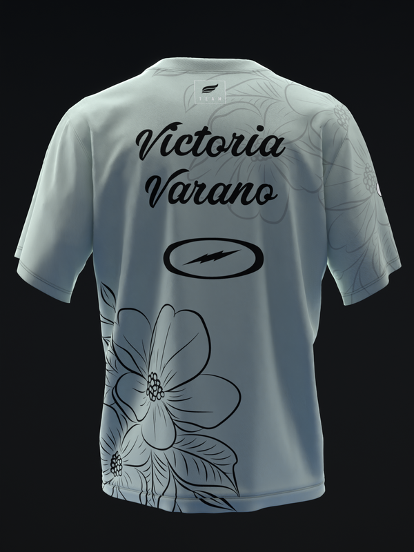 White bowling jersey back view with floral graphic and Victoria Varano text