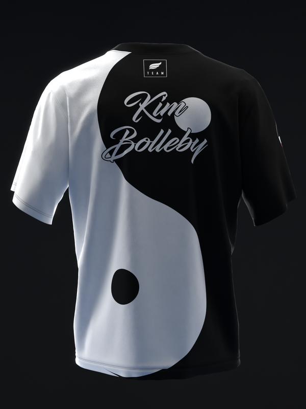 Black and white bowling jersey with yin yang design and script text back view