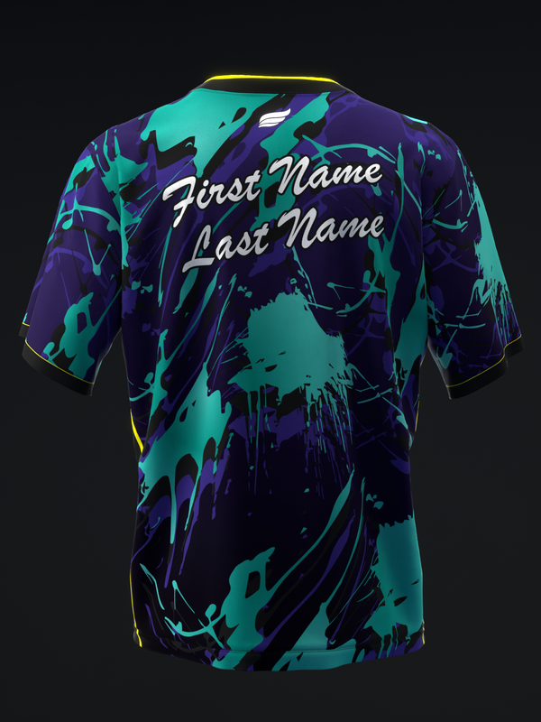 Back view of bowling jersey with turquoise and purple splatter pattern, personalization text