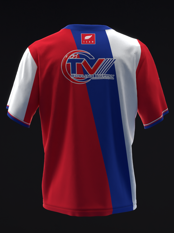 Bowling jersey with red, white, and blue vertical stripes and TV Bowling Supply logo