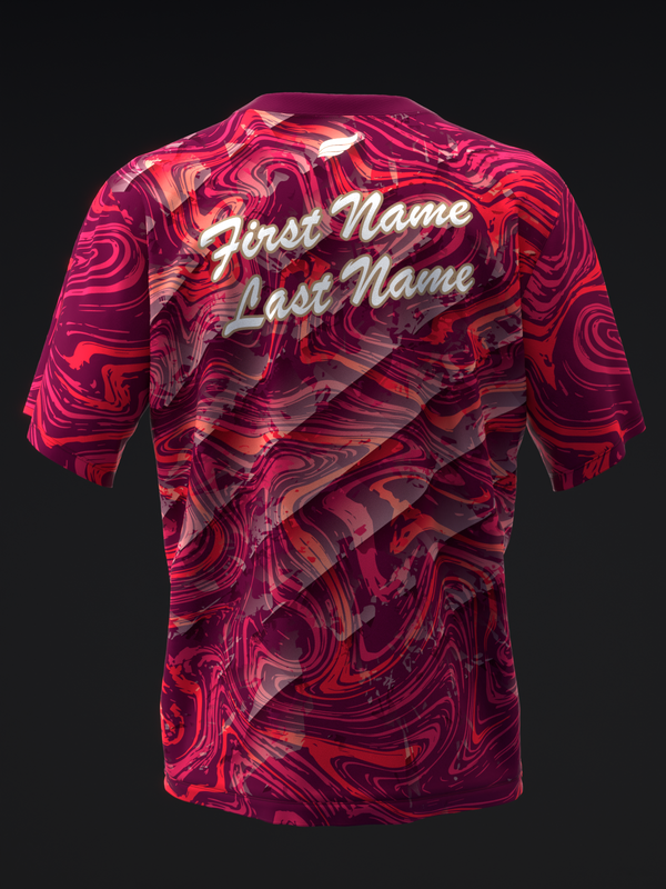 Back view of red bowling jersey with swirled marble pattern and white script text