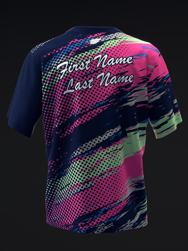 Navy and hot pink bowling jersey with halftone and striped graphic pattern, back view