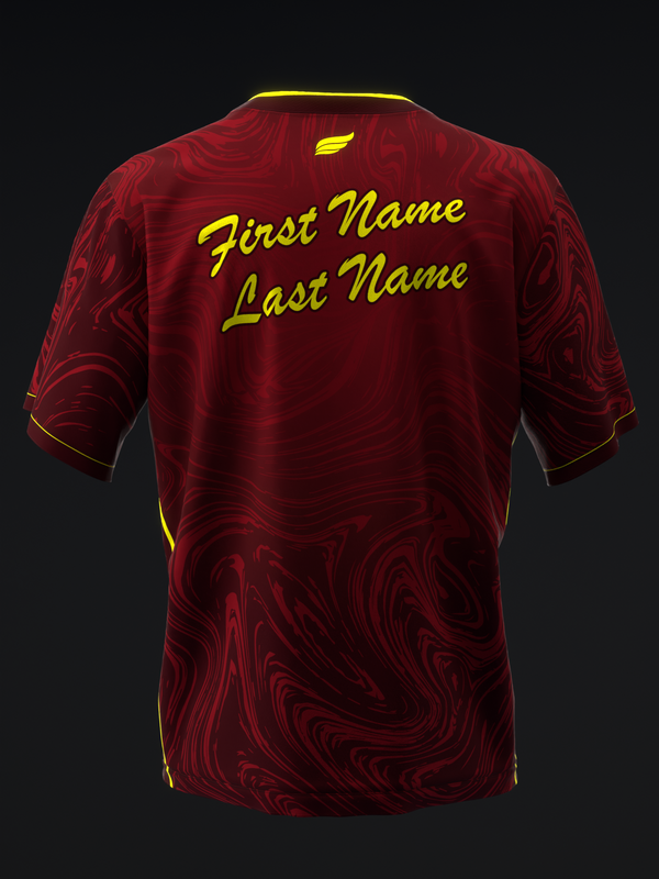 Red bowling jersey with yellow swirl pattern and customizable name text, back view