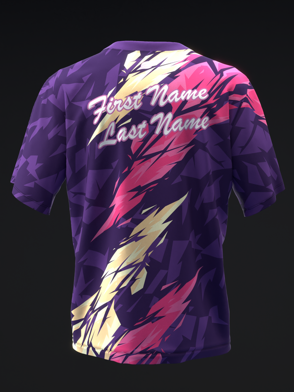 Purple bowling jersey with pink and cream lightning bolt graphic design, back view