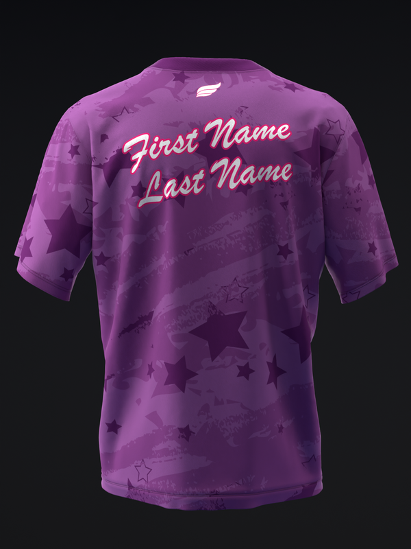 Purple bowling jersey with star pattern and personalized name text on back