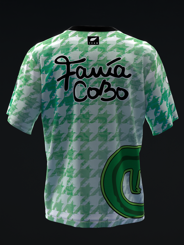 Green and white houndstooth bowling jersey with Fania Cobo script, back view
