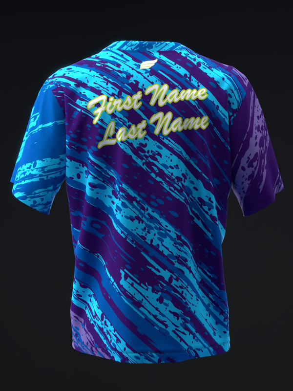 Blue and purple bowling jersey with distressed texture and gold personalization text