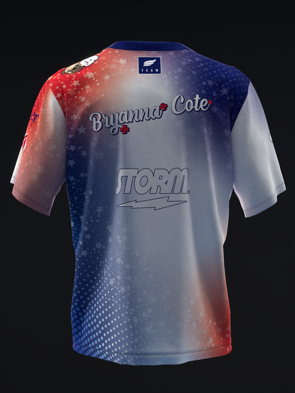 Bowling jersey with red, white, and blue gradient and dotted pattern design